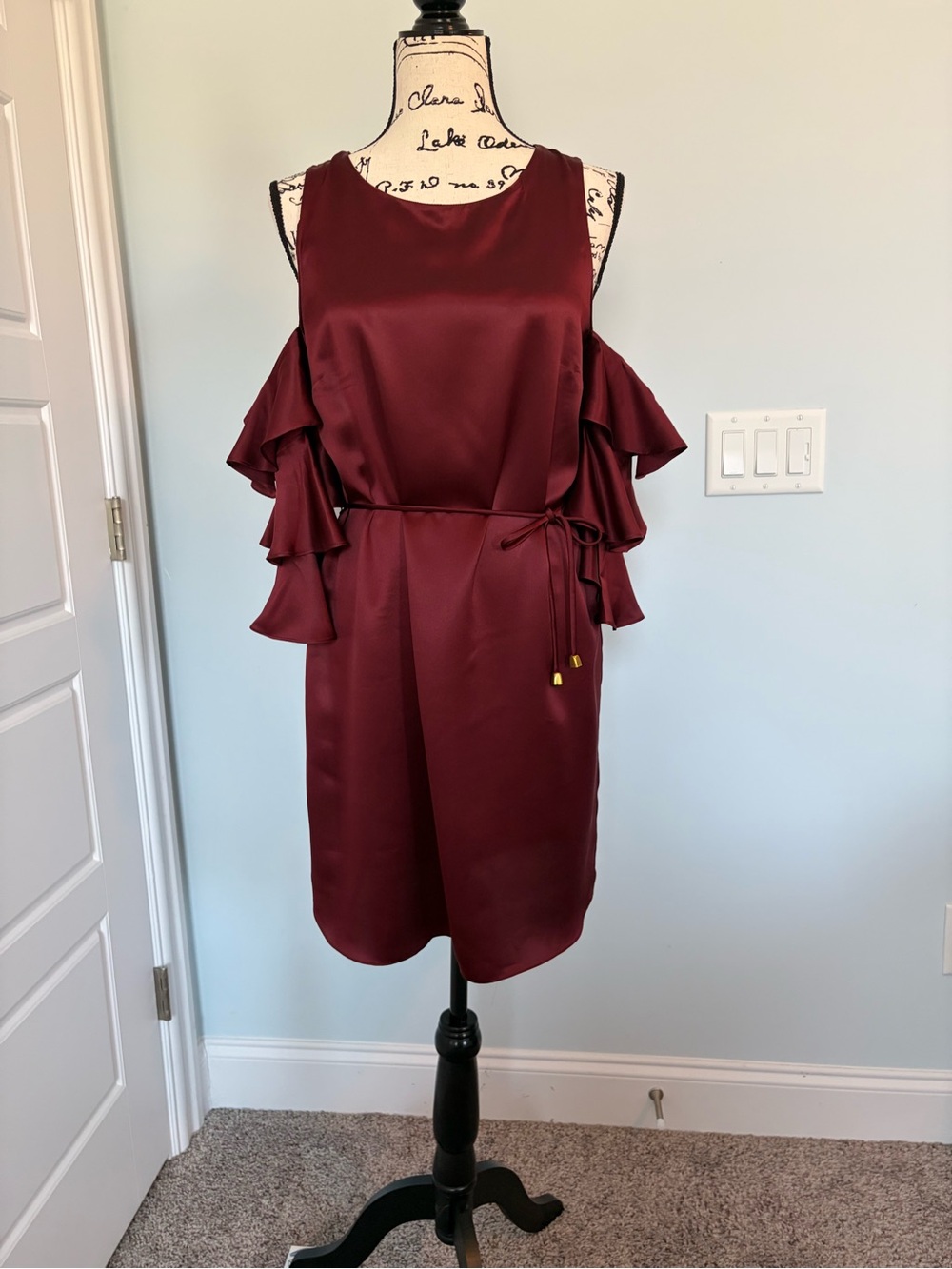 Amanda Uprichard Burgundy Satin Cold-Shoulder Ruffle Dress